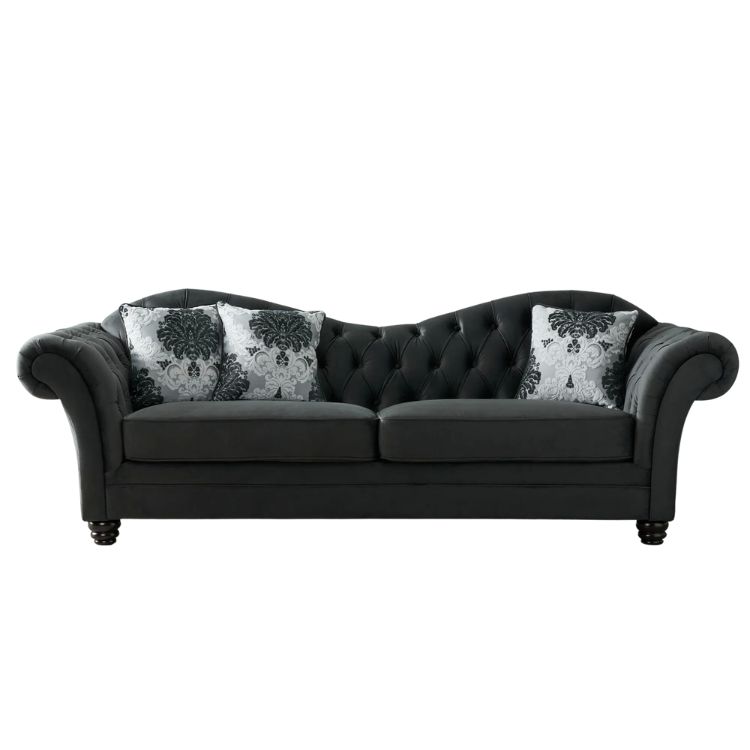Charcoal Velvet 3-Seater Sofa with Floral Cushions