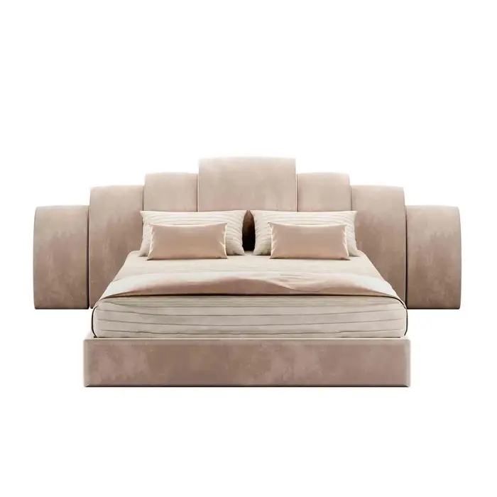 Modern Art Deco Style Bed Pink Veltet Upholstered Headboard & Wood Structure