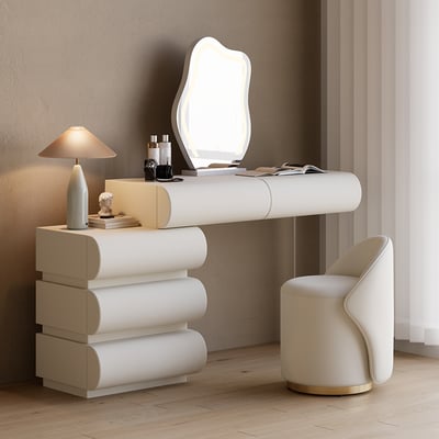Modern Makeup Vanity Set PU Leather Dressing Table with Stool & LED Mirror