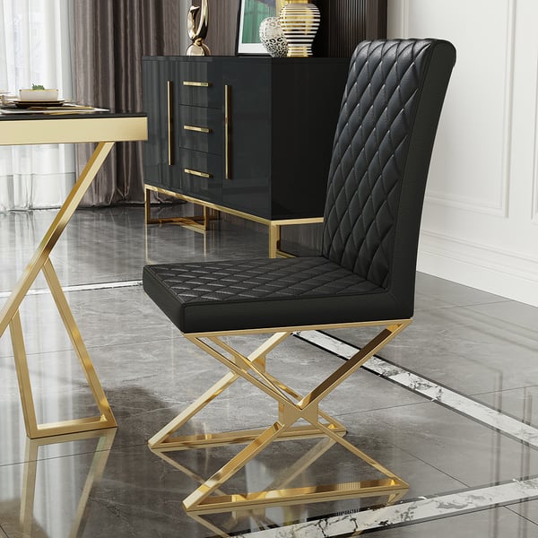 Modern Upholstered Leather Dining Table Chair Gold Legs-Black