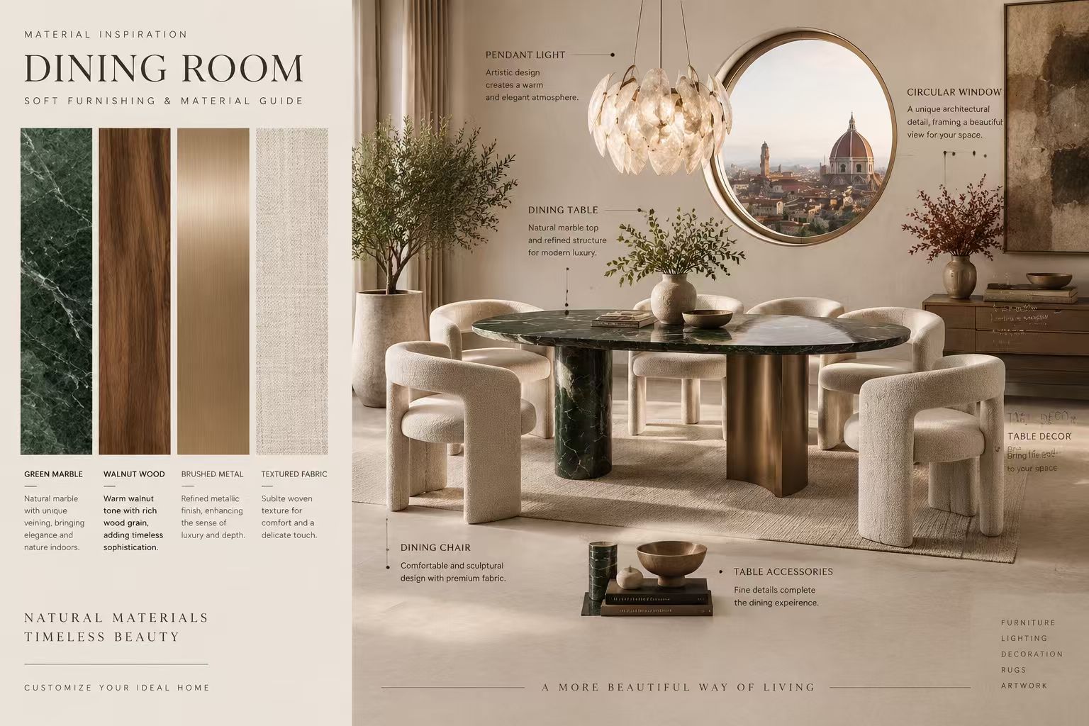 Dining room concept — green marble table, walnut wood, brushed metal and textured fabric material palette