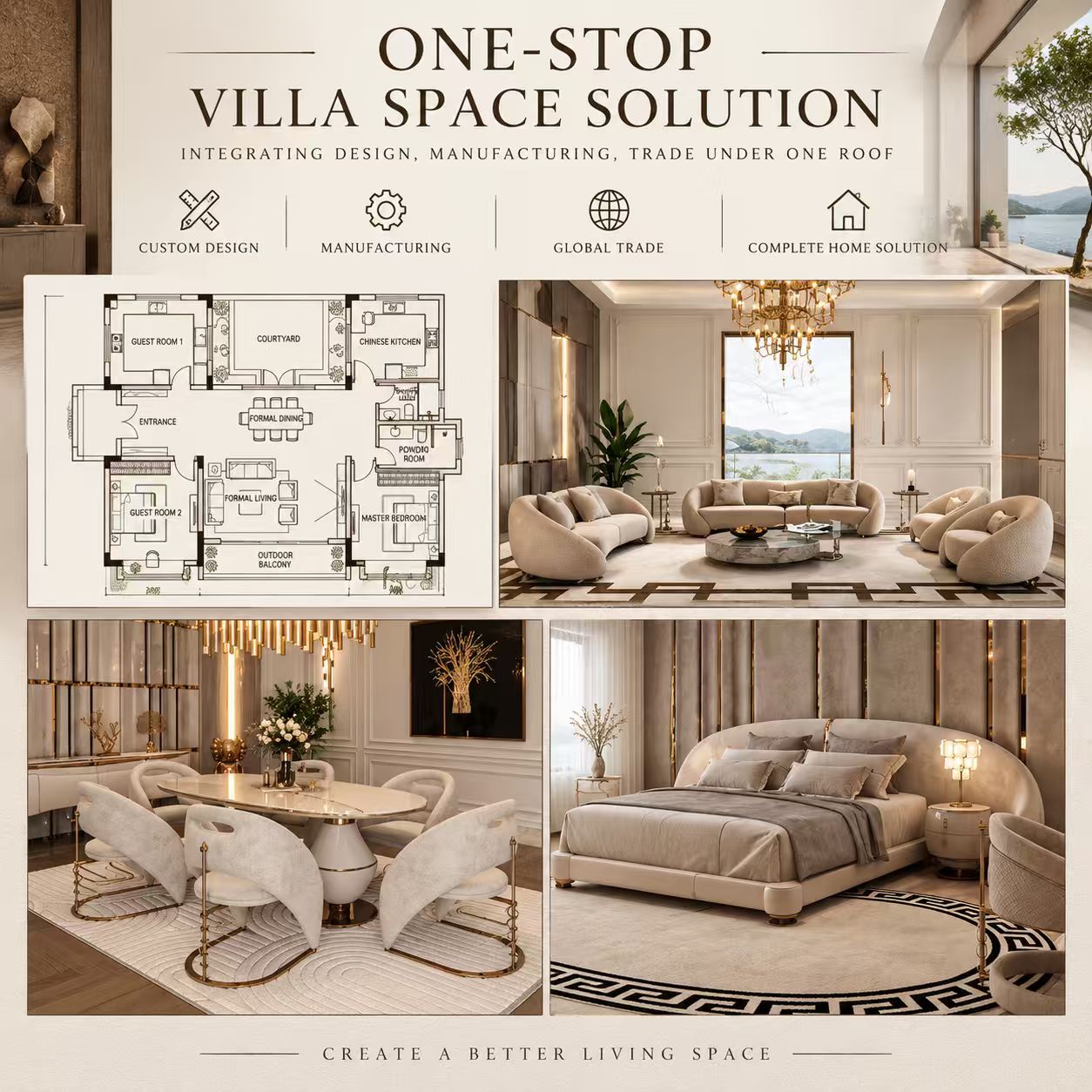 One-stop villa space solution — floor plan with integrated living, dining, bedroom and outdoor composition