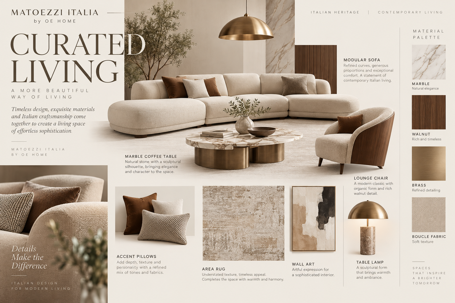 Curated living with modular sofa and marble coffee table