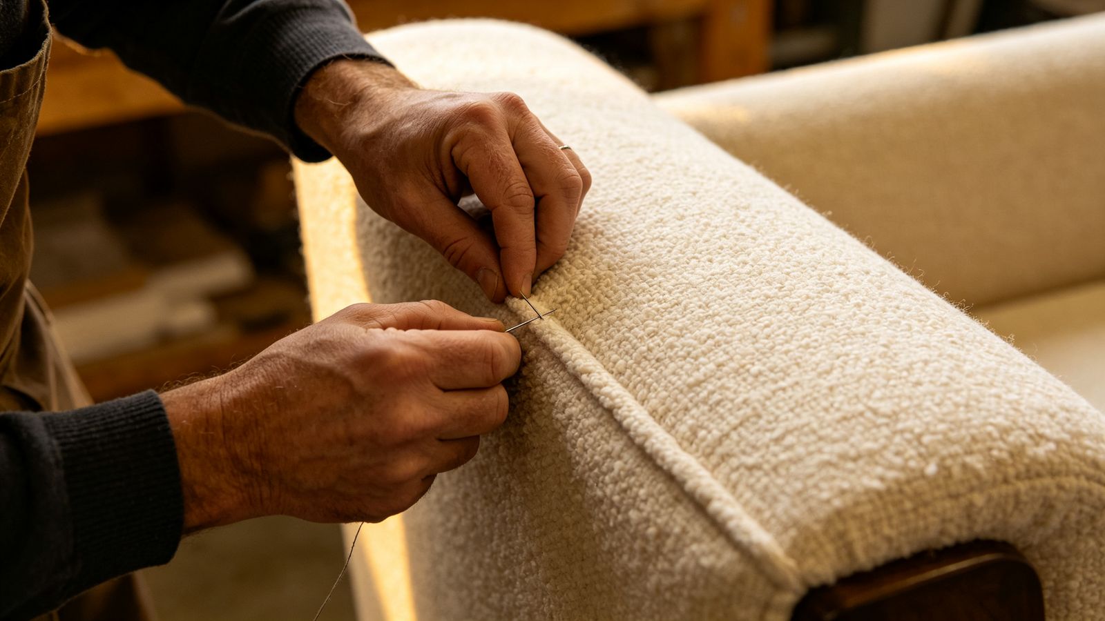 Craftsman hand-stitching premium boucle upholstery