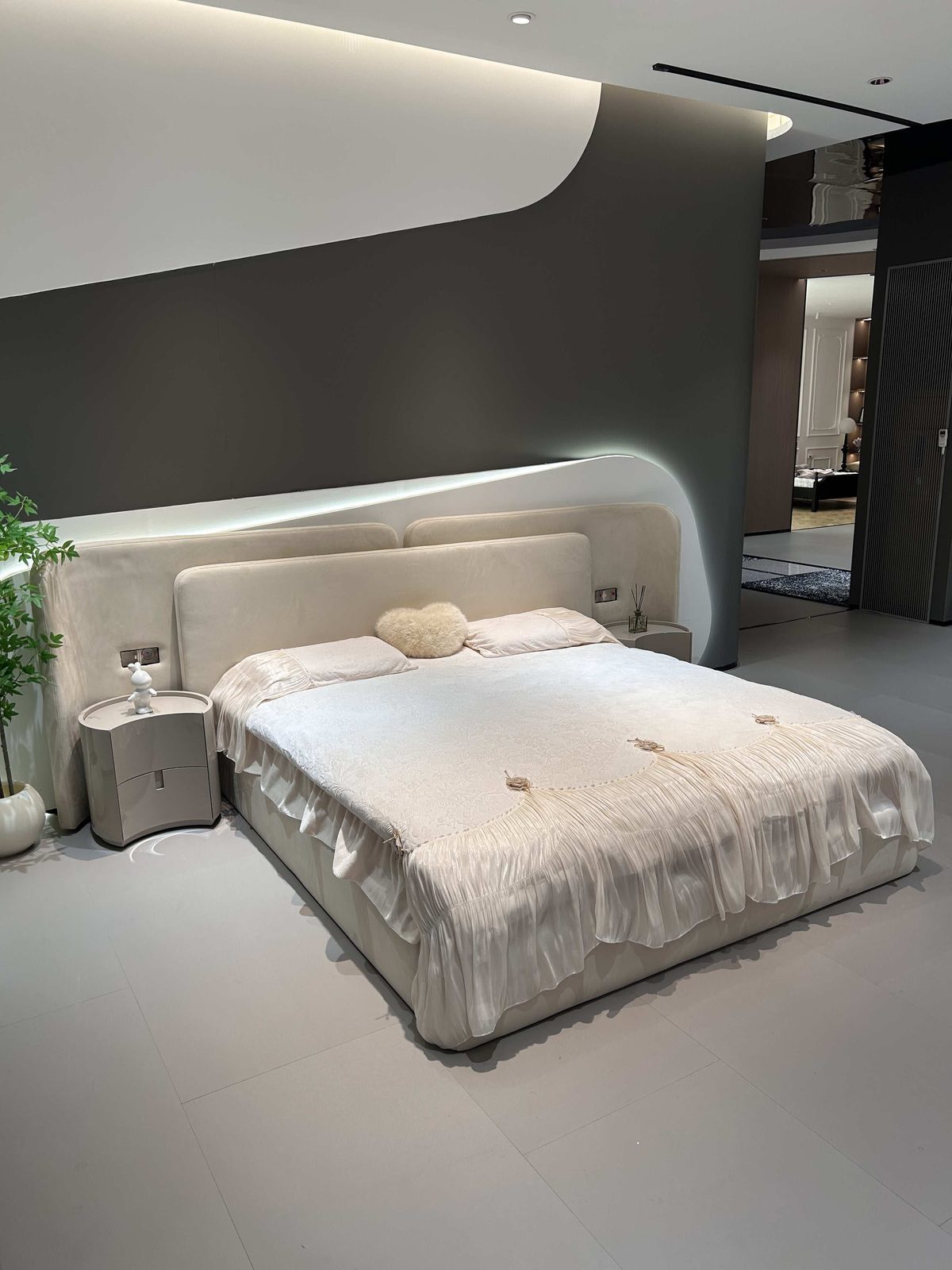 Modern bed frame in neutral tones