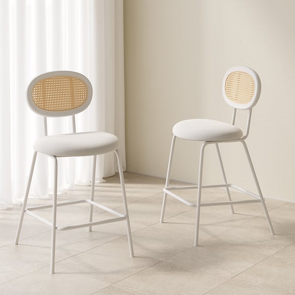 White Velvet Tall Stools with Rattan Back for Kitchen Island
