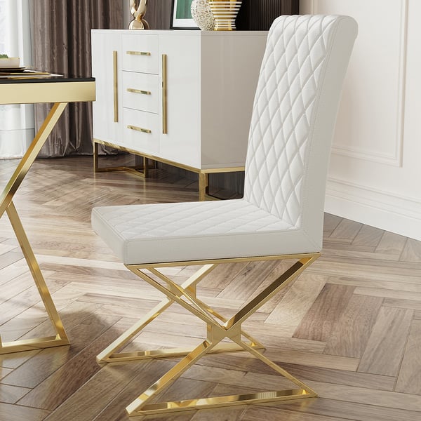 Modern Upholstered Leather Dining Table Chair Gold Legs-White