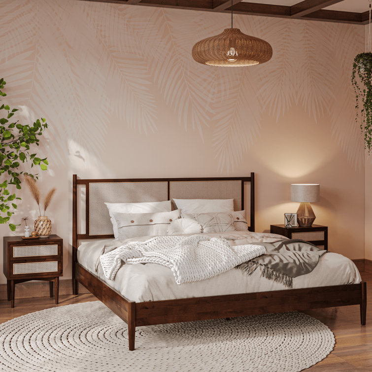 Solid Wood Rattan Platform Bed with Headboard