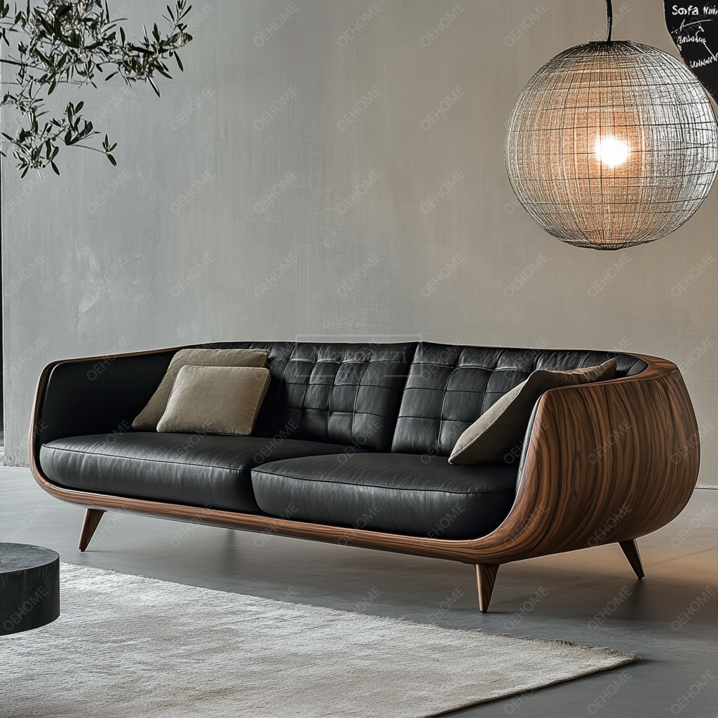 Mid-Century Solid Wood Leather Sofa